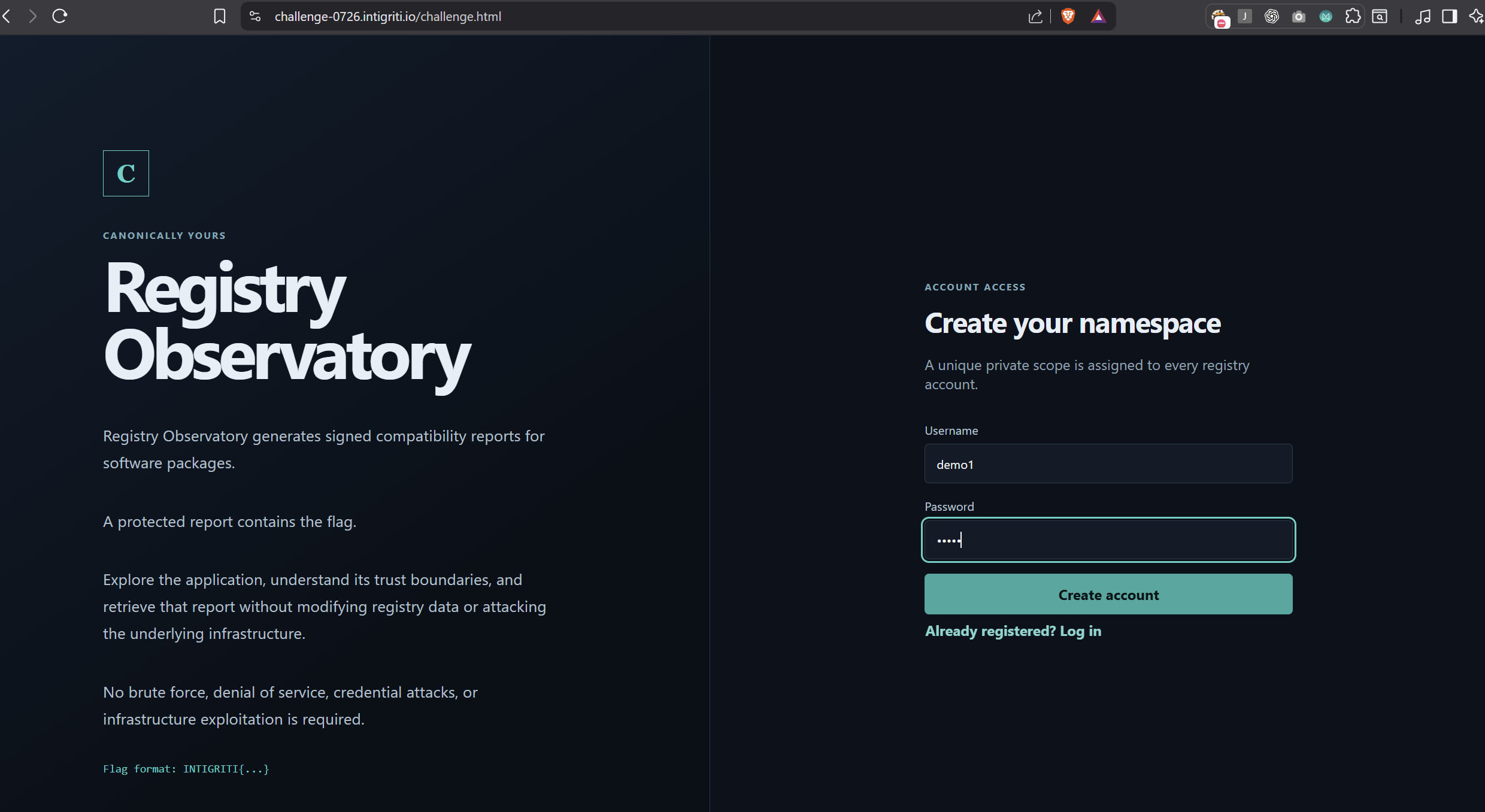 Registry Observatory registration page