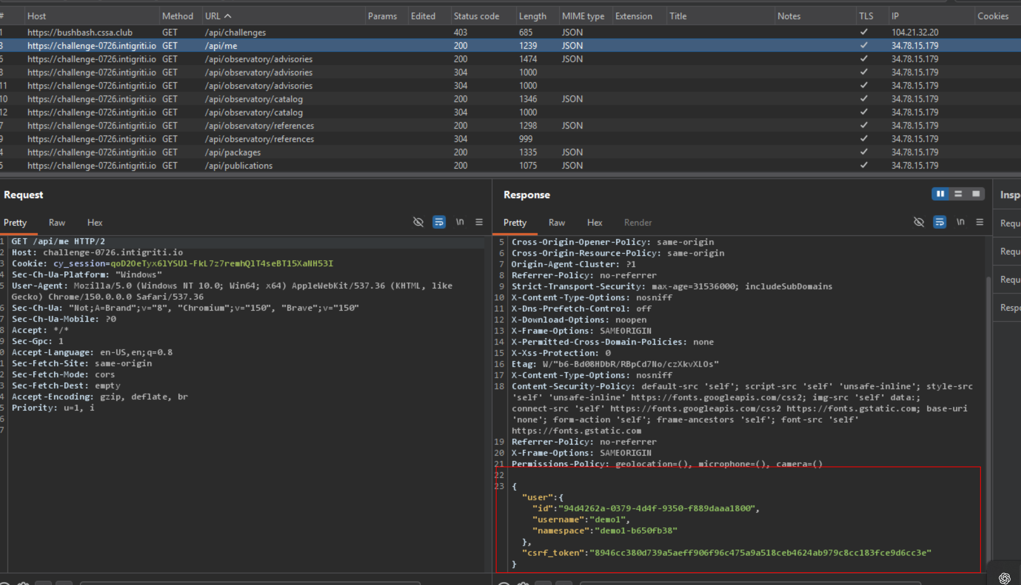 Namespace and CSRF token returned by the API