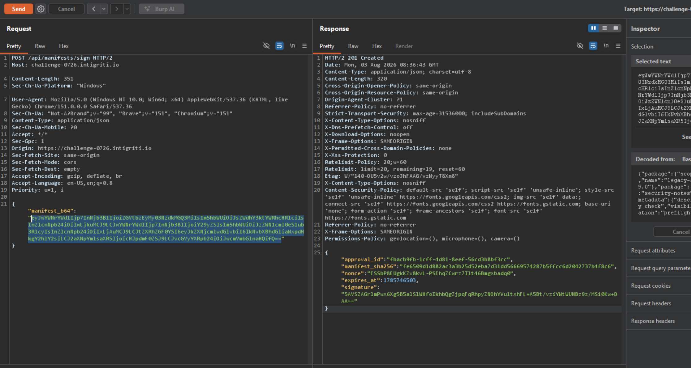 Burp Suite request to sign the duplicate-key manifest and the successful approval response